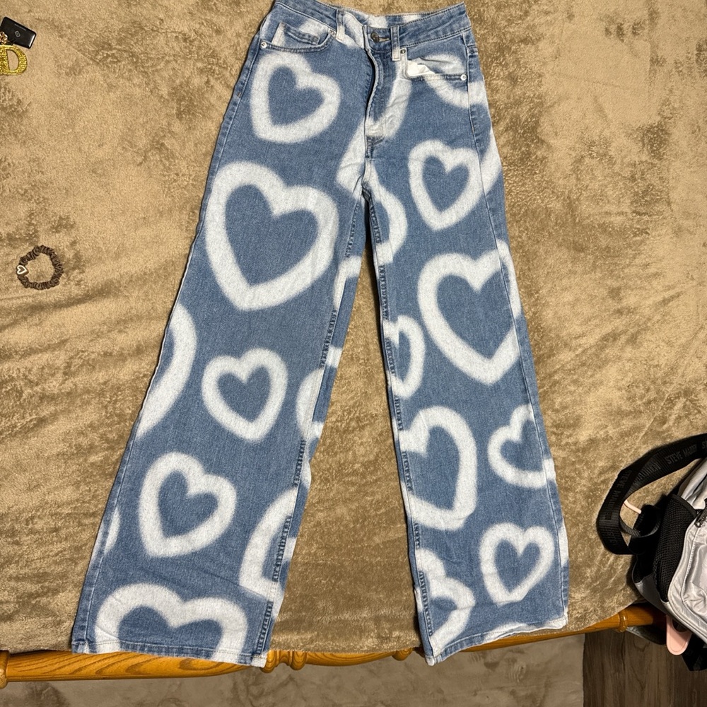 H&M Blue Heart Print Flare Jeans